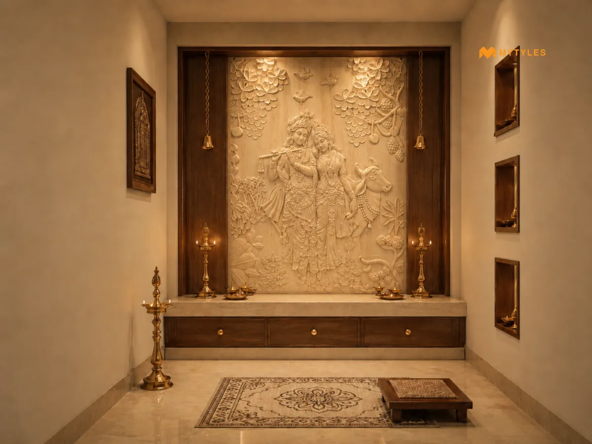 RadhaKrishna Stone Cladding in Pooja Room
